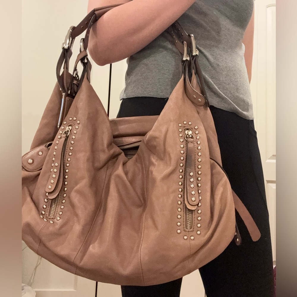 B. Makowsky Brown Studded Hobo Bag